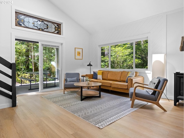 living room with light hardwood / wood-style floors and high vaulted ceiling