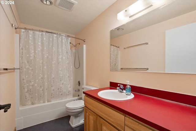 full bathroom featuring toilet, vanity, and shower / bathtub combination with curtain