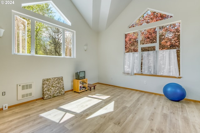 exercise room with vaulted ceiling and light hardwood / wood-style floors