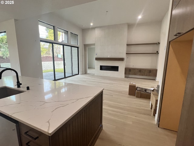 kitchen with light stone counters, plenty of natural light, a fireplace, and light hardwood / wood-style floors