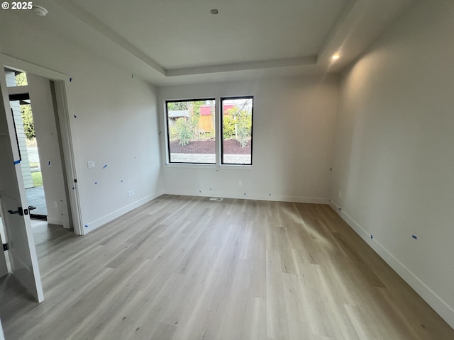 empty room with a raised ceiling and light wood-type flooring