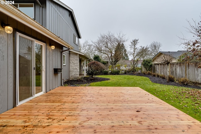 wooden deck with a lawn and a fenced backyard