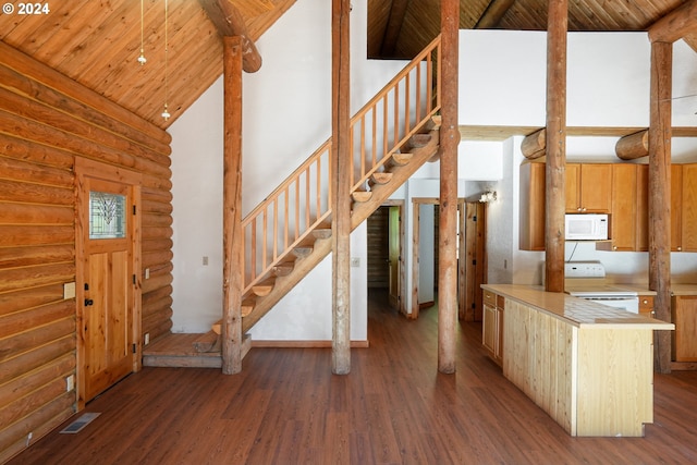 23835 Greasy Creek Rd, Philomath, OR 97370 - foyer featuring log walls, stairway, wood ceiling, wood finished floors, and high vaulted ceiling