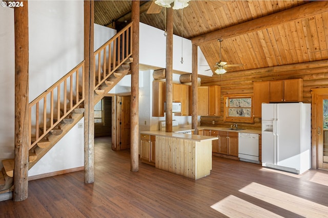 23835 Greasy Creek Rd, Philomath, OR 97370 - kitchen featuring white appliances, ceiling fan, dark wood-type flooring, light countertops, and high vaulted ceiling