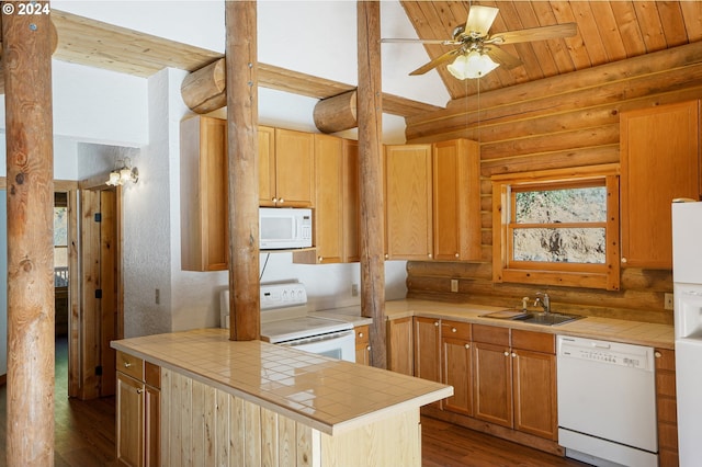 23835 Greasy Creek Rd, Philomath, OR 97370 - kitchen with white appliances, a sink, tile counters, dark wood-style floors, and log walls