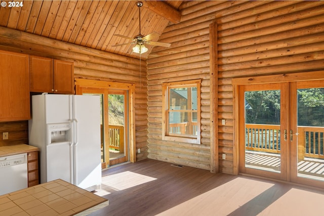 23835 Greasy Creek Rd, Philomath, OR 97370 - kitchen with tile countertops, white appliances, log walls, wood finished floors, and wood ceiling