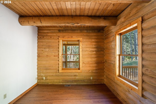 23835 Greasy Creek Rd, Philomath, OR 97370 - unfurnished room featuring rustic walls, wood finished floors, wooden ceiling with exposed beams, and baseboards