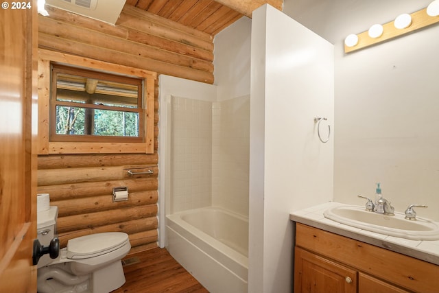 23835 Greasy Creek Rd, Philomath, OR 97370 - bathroom with rustic walls, toilet, vanity, wood finished floors, and wood ceiling