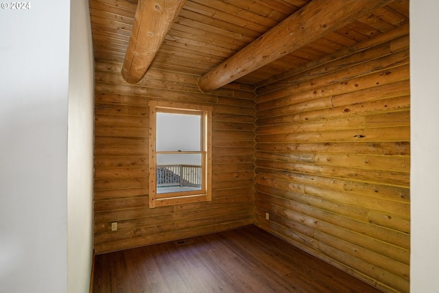 23835 Greasy Creek Rd, Philomath, OR 97370 - spare room with wooden ceiling with exposed beams, dark wood finished floors, log walls, and a sauna