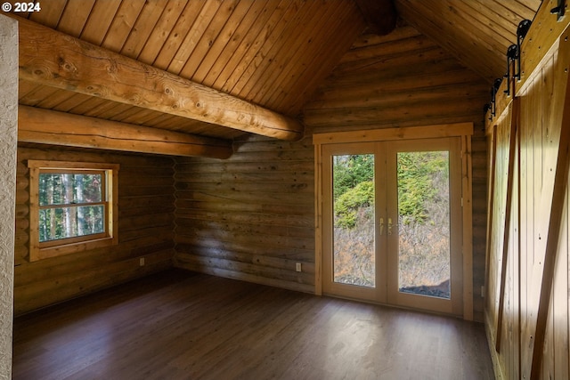 23835 Greasy Creek Rd, Philomath, OR 97370 - empty room with french doors, dark wood-type flooring, plenty of natural light, wooden ceiling with exposed beams, and rustic walls