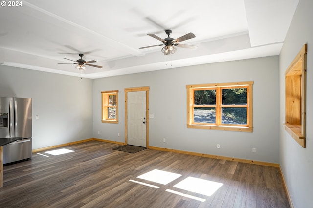 23835 Greasy Creek Rd, Philomath, OR 97370 - unfurnished living room featuring ceiling fan, baseboards, and wood finished floors