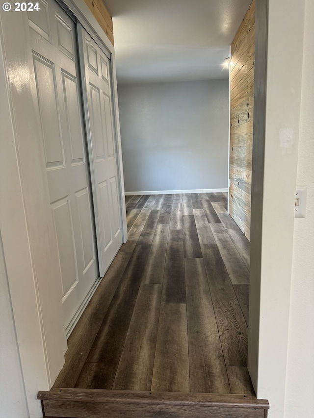 hallway with wooden walls and dark wood-type flooring