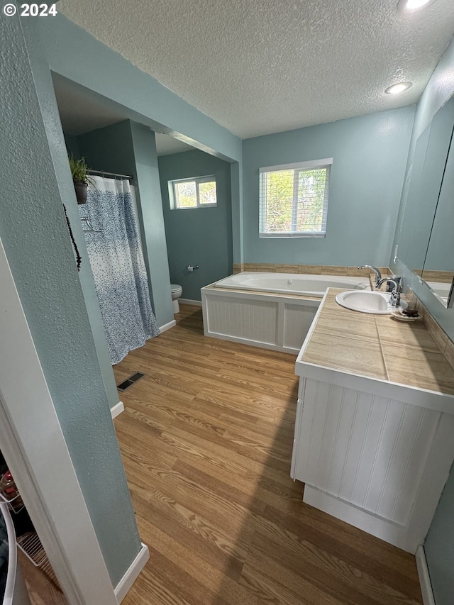 bathroom with toilet, vanity, wood-type flooring, a tub, and a textured ceiling