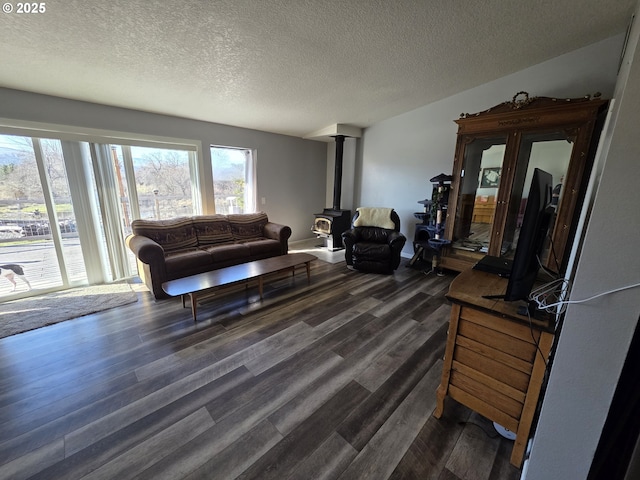 living room with dark wood-type flooring, a wood stove, and a textured ceiling