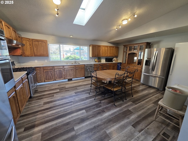 kitchen featuring brown cabinets, lofted ceiling with skylight, stainless steel appliances, and a sink