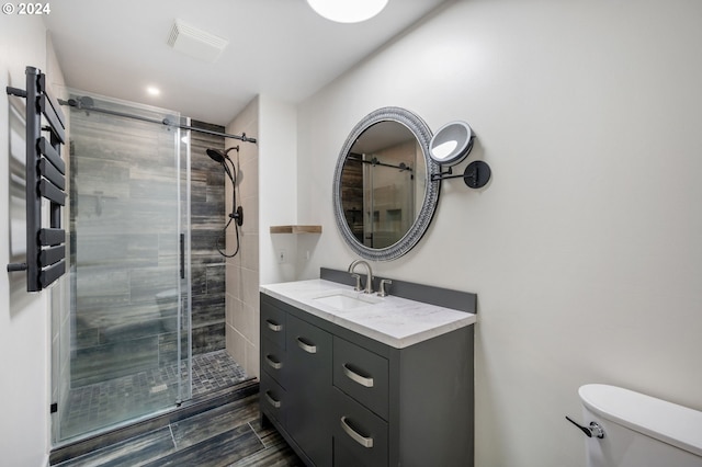 full bath featuring toilet, a shower stall, and vanity