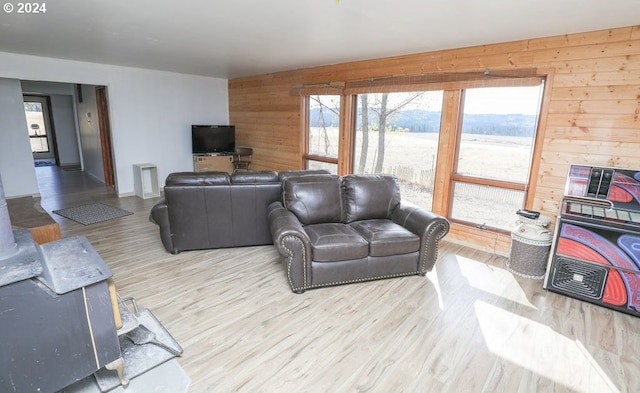 living room with hardwood / wood-style flooring and wooden walls