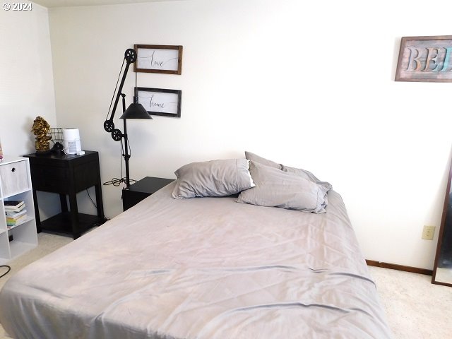 bedroom featuring light colored carpet