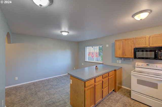 kitchen featuring light tile patterned floors, kitchen peninsula, and white range with electric cooktop