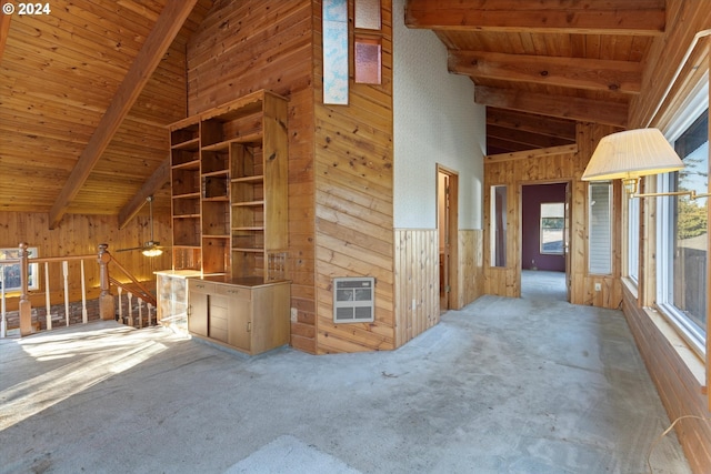 interior space with heating unit, high vaulted ceiling, wooden ceiling, beamed ceiling, and wood walls