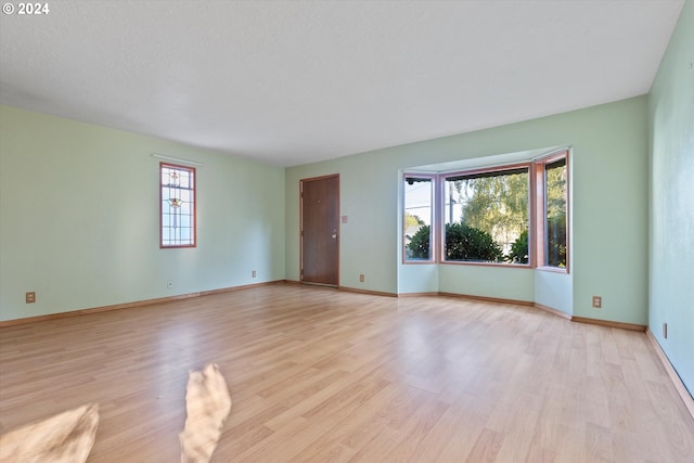 empty room with a textured ceiling, light wood-type flooring, and plenty of natural light