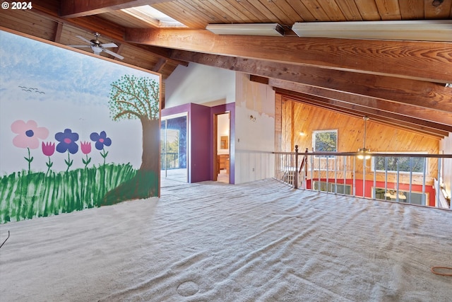 interior space with lofted ceiling with skylight, wooden ceiling, and wood walls