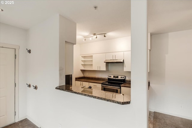 kitchen with white cabinets, under cabinet range hood, open shelves, electric stove, and baseboards