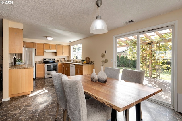 dining room with a textured ceiling, plenty of natural light, and sink