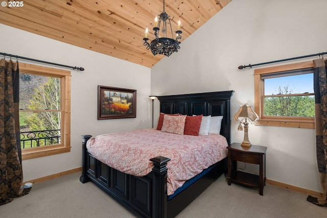 bedroom with a chandelier, light colored carpet, high vaulted ceiling, and wood ceiling