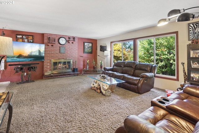 carpeted living room featuring a brick fireplace