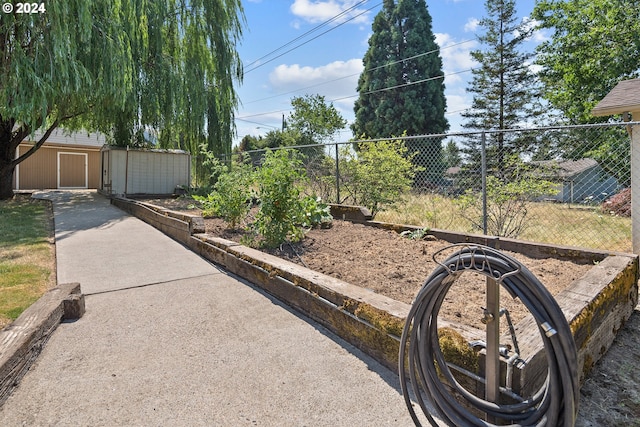 view of yard featuring a storage shed