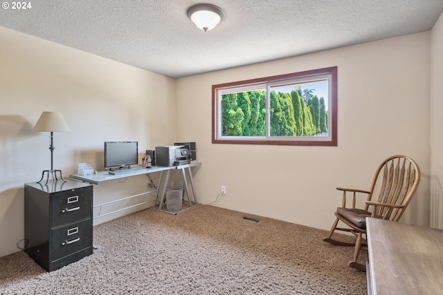 office area with carpet and a textured ceiling