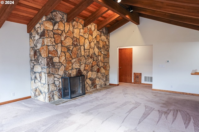 1081 Umpqua College Rd, Roseburg, OR 97470 - unfurnished living room featuring carpet floors, wooden ceiling, baseboards, and a stone fireplace