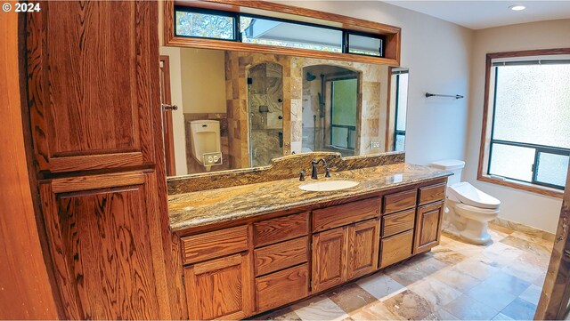 1081 Umpqua College Rd, Roseburg, OR 97470 - full bath with vanity, toilet, a shower, marble finish flooring, and recessed lighting