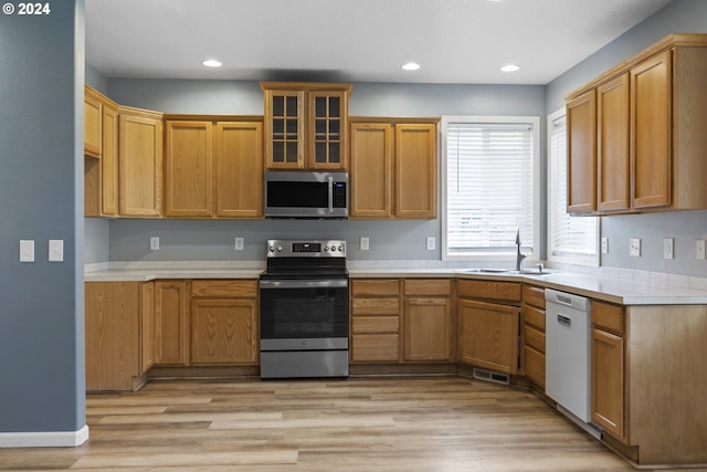 kitchen with appliances with stainless steel finishes, light hardwood / wood-style floors, and sink