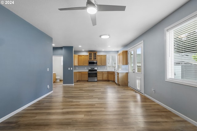 kitchen with stainless steel appliances, plenty of natural light, hardwood / wood-style flooring, and ceiling fan