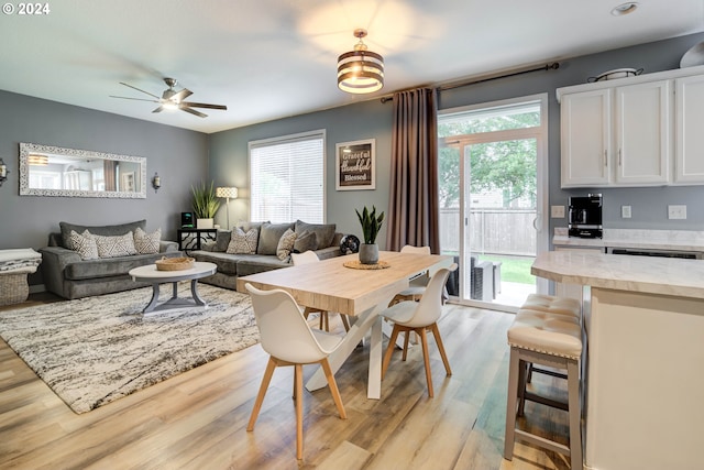 dining area featuring ceiling fan and light wood-type flooring