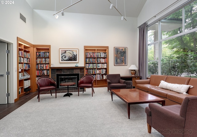 living room with high vaulted ceiling, carpet, track lighting, and a fireplace