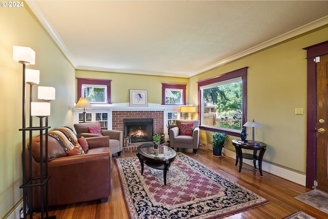 living room with a fireplace, hardwood / wood-style flooring, and crown molding