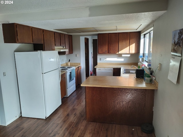 kitchen featuring white appliances, dark wood-type flooring, sink, and kitchen peninsula