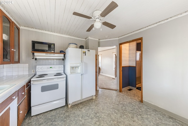 kitchen with tile countertops, wooden ceiling, ceiling fan, ventilation hood, and white appliances