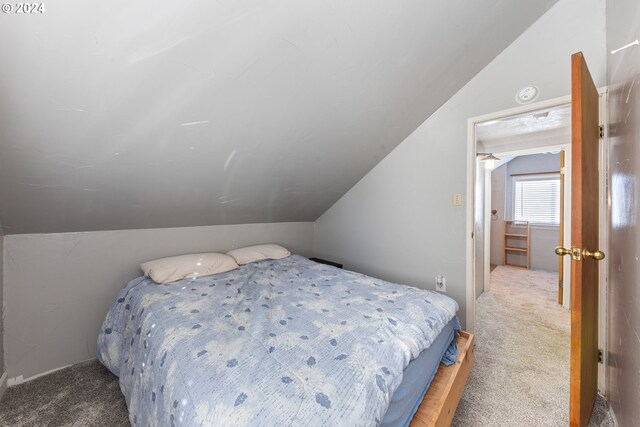 bedroom featuring carpet flooring and lofted ceiling