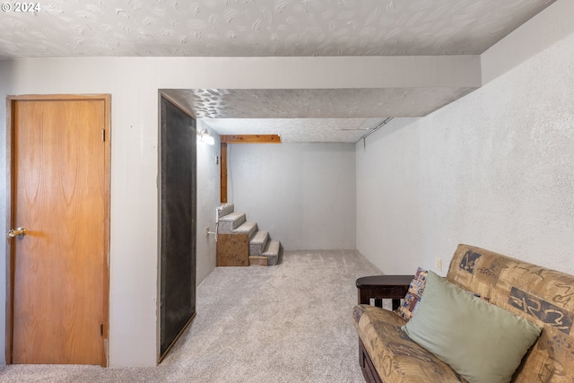 basement with a textured ceiling and light colored carpet