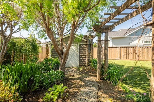 view of yard featuring a shed and a pergola