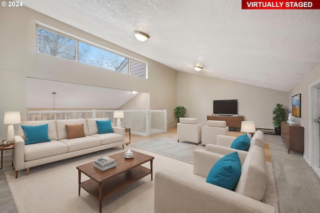 carpeted living room with vaulted ceiling and a textured ceiling