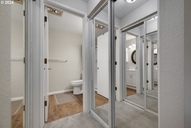 bathroom featuring vanity, hardwood / wood-style flooring, and toilet