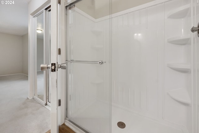 bathroom with a shower with shower door