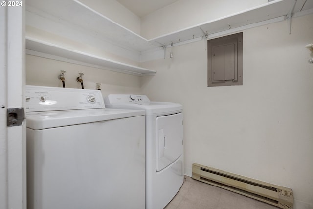 laundry area with washing machine and dryer, electric panel, and a baseboard heating unit