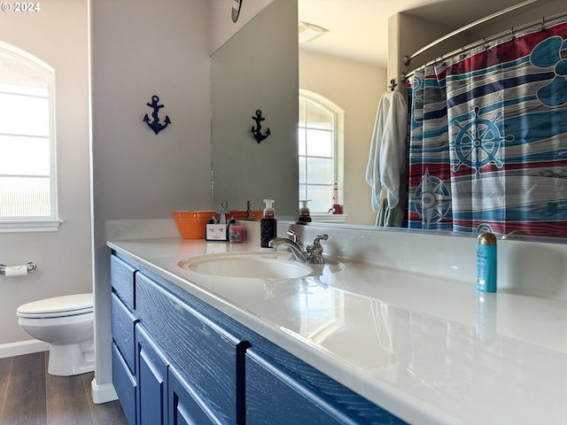 bathroom with vanity, toilet, a wealth of natural light, and hardwood / wood-style flooring