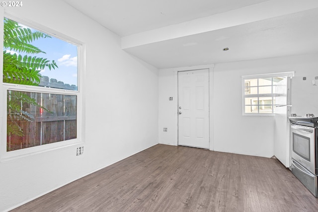 interior space featuring stainless steel electric stove and wood-type flooring